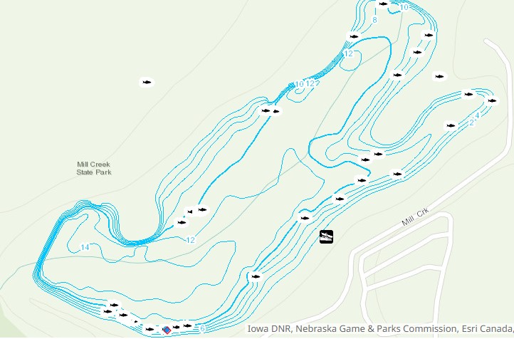 Mill Creek Park lake map displaying fishing areas