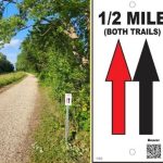 Trail sign features walking path way with trees and red and black colored arrows showing the trail direction