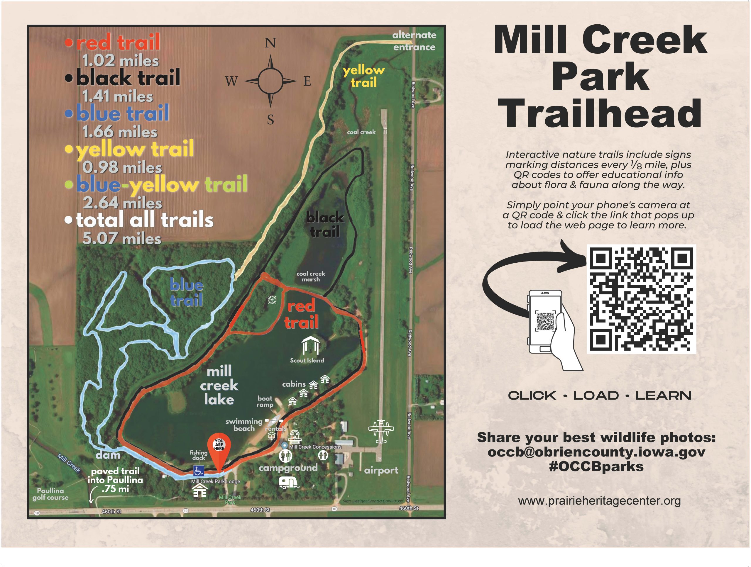 Mill Creek Park Paullina IA trail map featuring four colored trail with over 5 miles to explore