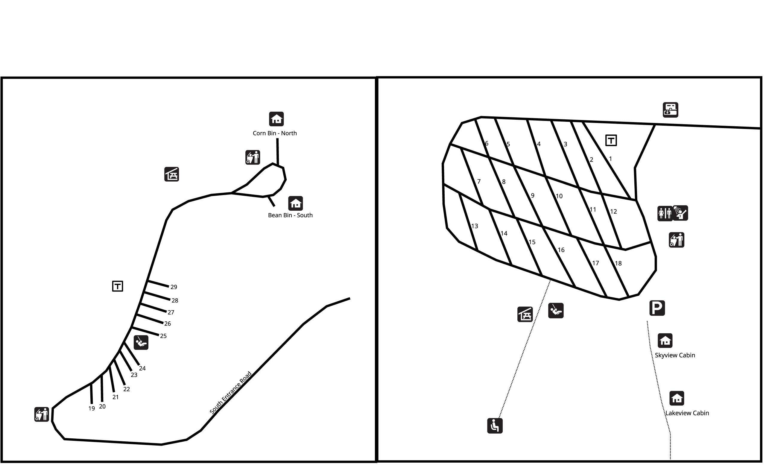 Dog Creek Campground Map showing a campground layout with numbered sites, pathways, and icons for restrooms and parking.