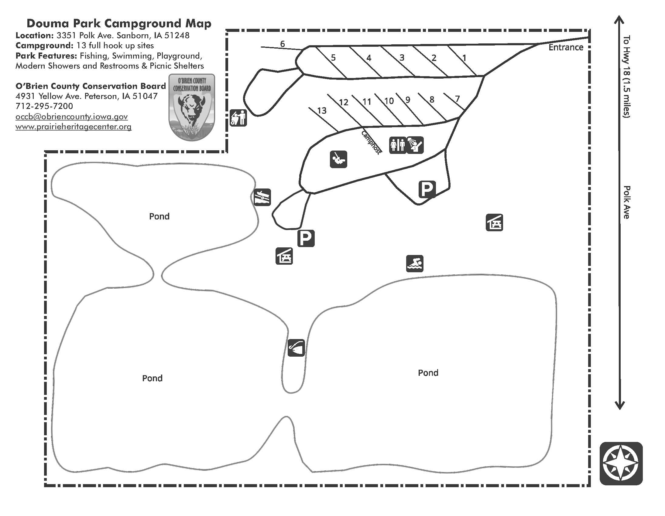 Map of Douma Park Campground showing 13 hook-up sites, restrooms, picnic shelters, parking, and ponds.