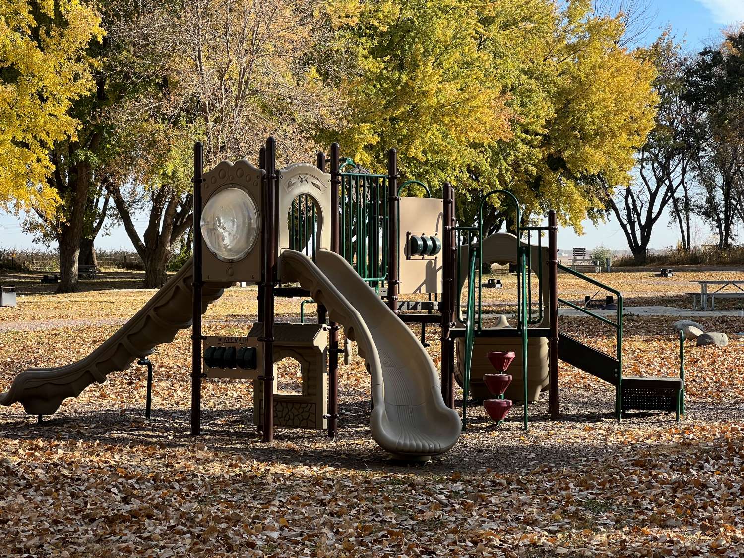 Playground with slides and climbing structures, surrounded by fallen autumn leaves and vibrant trees.