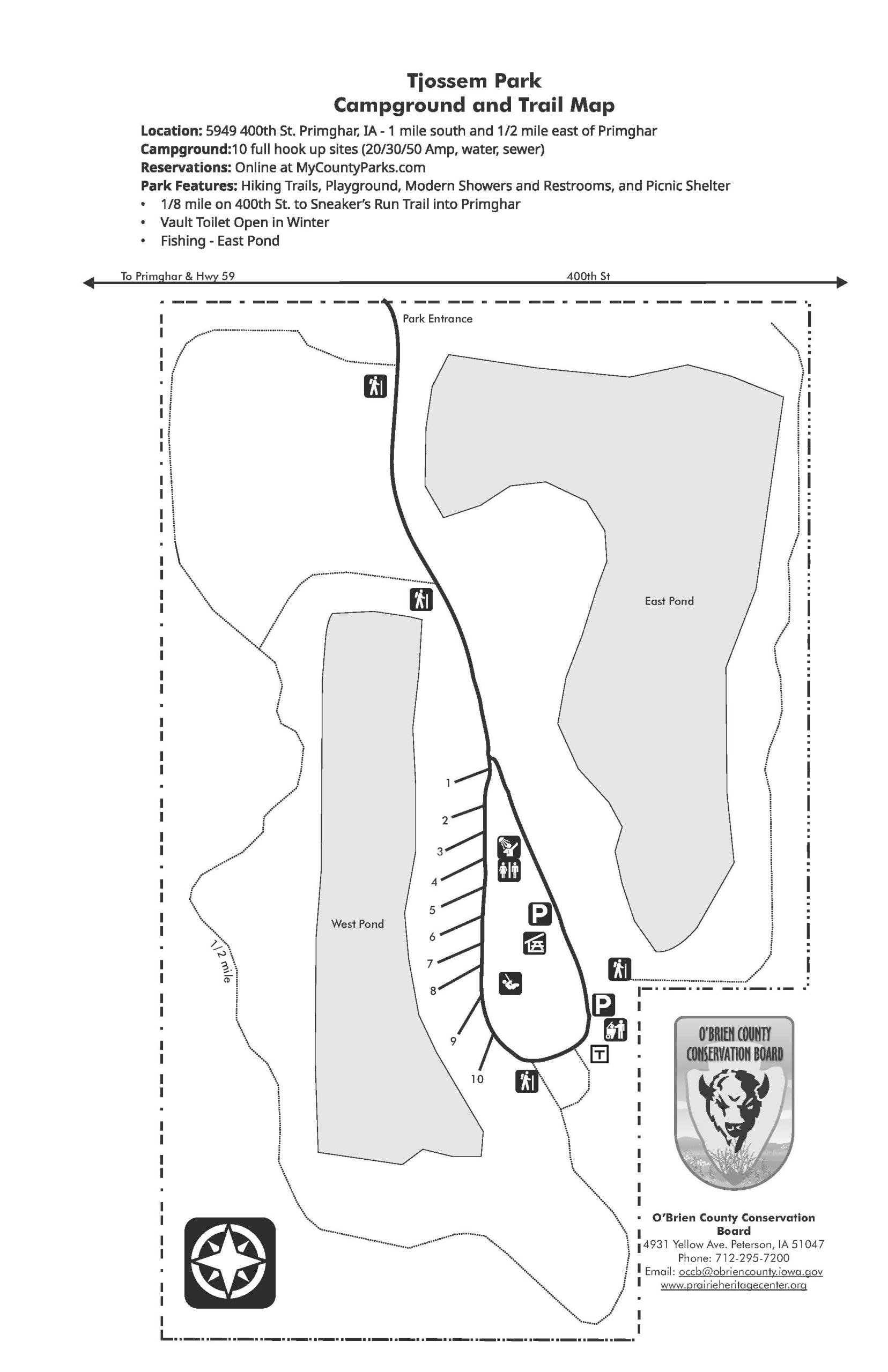 Tjossem Park Map showing the camping places, pond features and trails.