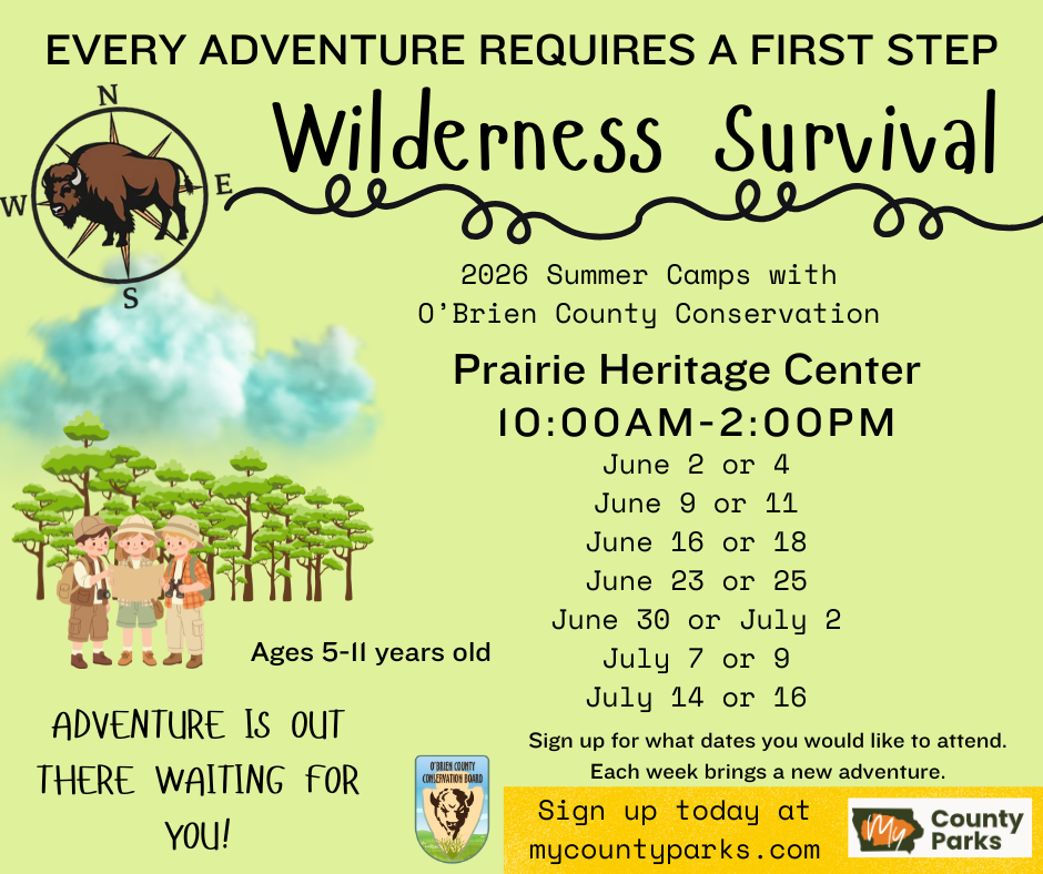 "Wilderness Survival camp flyer for ages 5-11 at Prairie Heritage Center.