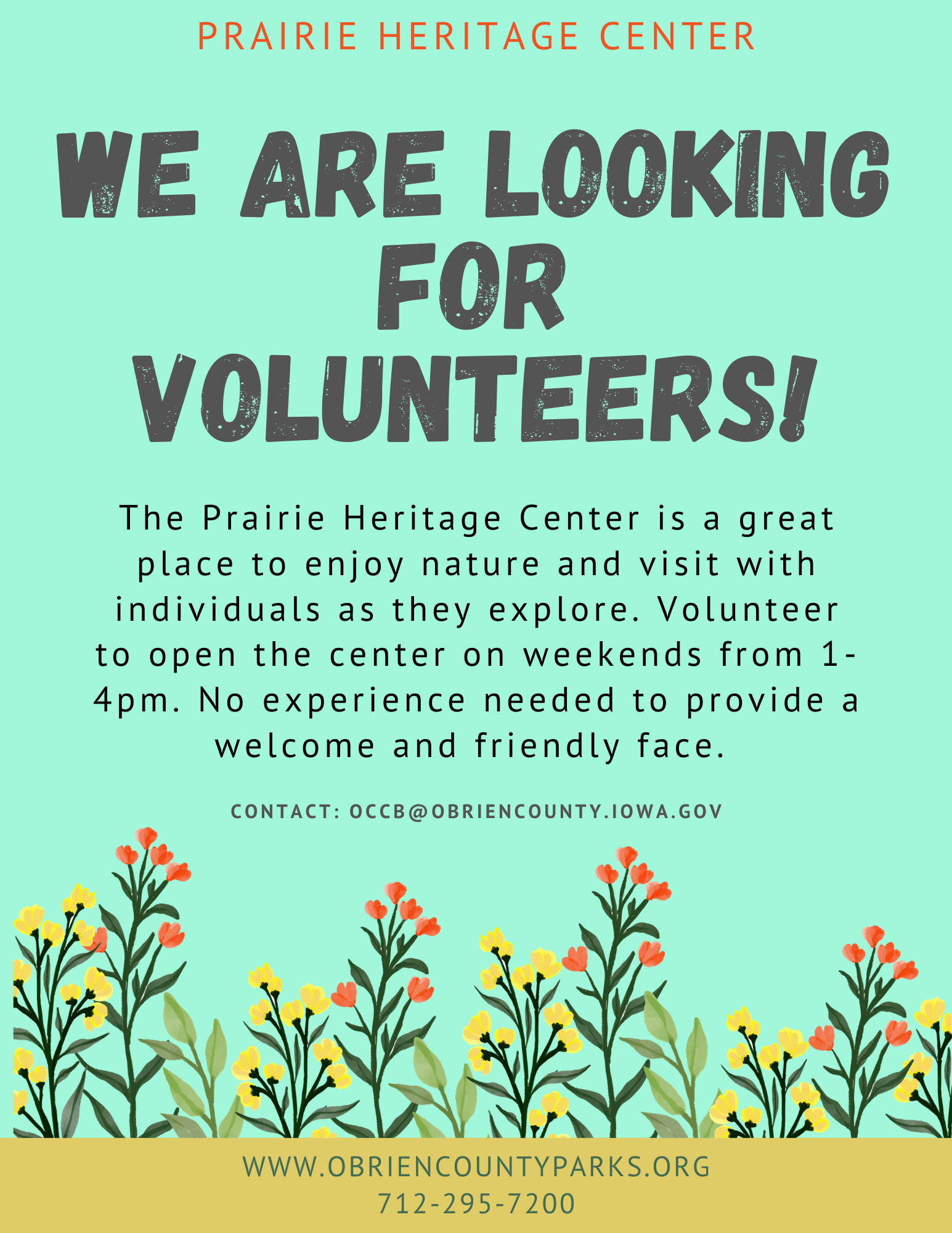 Green "We are looking for volunteers" information page graphic with flowers