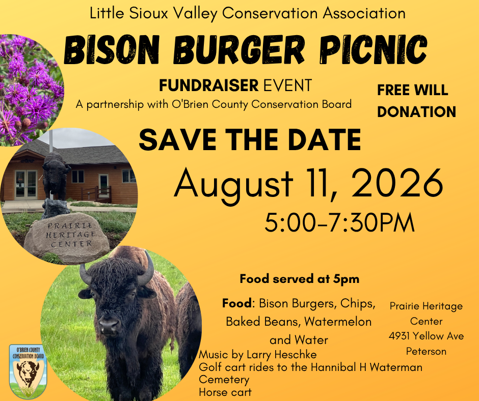 Bison Burger Picnic event details with August 11, 2026 at 5:00pm Prairie Heritage Center