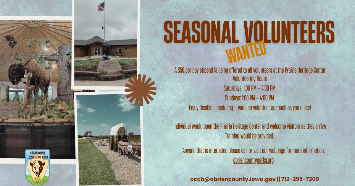 "Seasonal Volunteers wanted" position description with Prairie Heritage Center building, wagon and photo with a blue background.