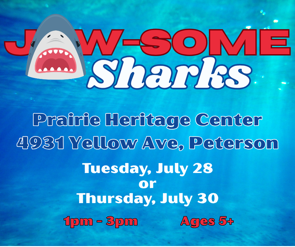 Jaw-some sharks program showing water with a shark graphic and event details.