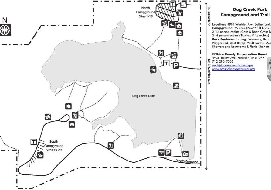 Map of Dog Creek Park shows campgrounds, trails, Dog Creek Lake, and amenities like fishing, cabins, and restrooms.