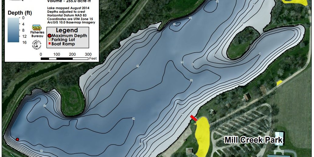 Contour map of Mill Creek Lake in O'Brien County, showing depth variations with contour lines at two-foot intervals.